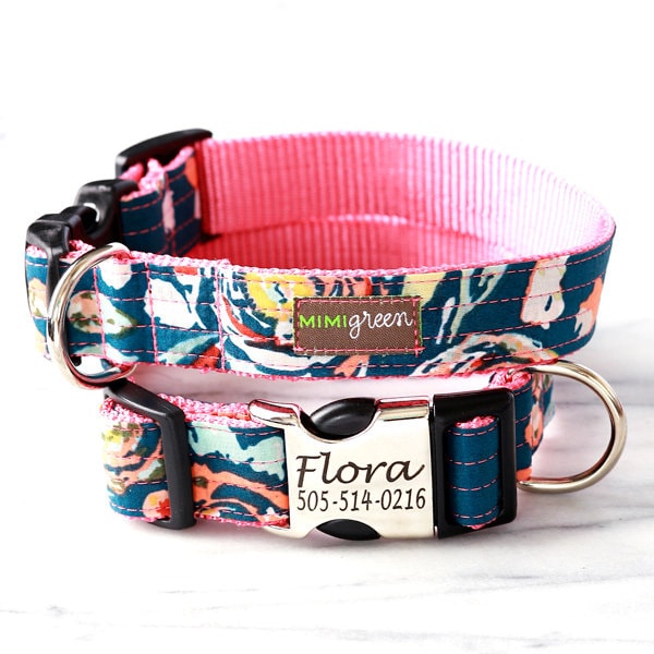 FLORA Blue and Pink Floral Dog Collar - Personalized Dog Collar w Laser Engraved Buckle - Cute Pattern Collar - Soft Voile Dog Collar