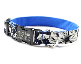 MOONLIGHT Engraved Buckle Dog Collar - Black & White Floral Mushroom Woodland Voile Fabric + Royal Blue Nylon  - Personalized with Engraving