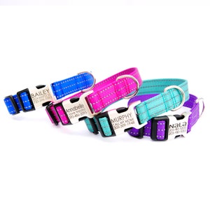 Personalized REFLECTIVE Dog Collar w Laser Engraved Buckle - 11 Reflective Nylon Colors - Engraved Dog Collar - Reflective Dog Collar