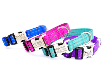 Personalized REFLECTIVE Dog Collar w Laser Engraved Buckle - 11 Reflective Nylon Colors - Engraved Dog Collar - Reflective Dog Collar