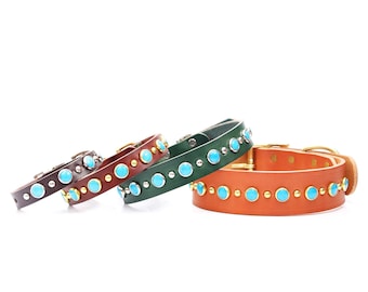 Turquoise Studded Leather Dog Collar Belt Buckle – Billy  | Handmade Southwestern Collar | Your Choice of Leather | 10 Classic colors