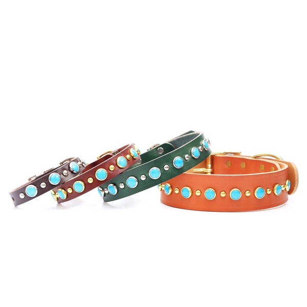 Boucle de ceinture pour collier de chien en cuir clouté turquoise – Billy | Collier sud-ouest fait main | Votre choix de cuir | 10 couleurs classiques