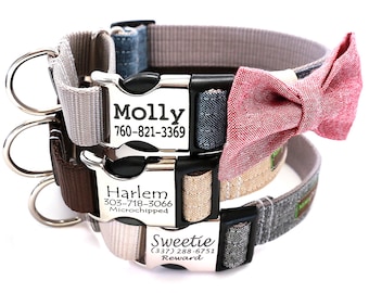 Personalized Martingale Dog Collar with Linen Bow -- 12 Colors -- Bow Tie Dog Collar -- Limited Slip Dog Collar  -- Fancy Collar