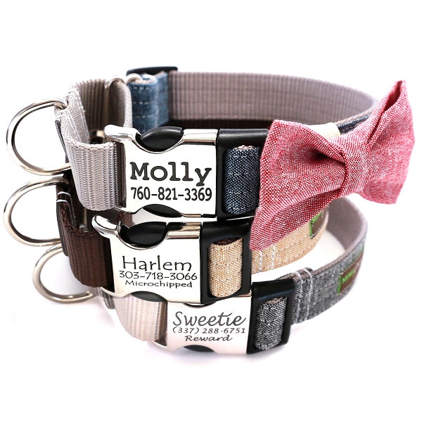 Gepersonaliseerde martingaalhalsband met linnen strik -- 12 kleuren -- Hondenhalsband vlinderstrik -- Hondenhalsband met beperkte slip