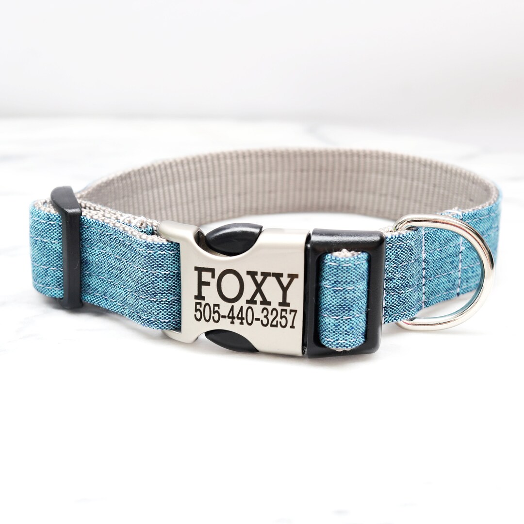 Personalized Teal Linen Dog Collar Engraved Buckle W/ Optional