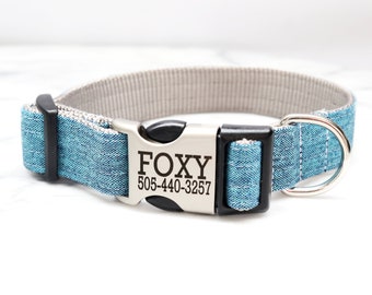 Personalized Teal Linen Dog Collar | Engraved Buckle w/ Optional Collar Bow Tie | Wedding Dog Collar | Custom Collar | Fancy Collar | MALIBU