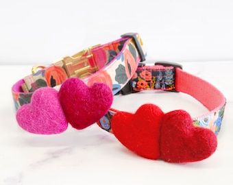 Heart Dog Collar Accessory | Valentines Day Dog Gift | Wool Felted Heart Attachment | Removable Cute Pet Collar Accessory | Two Hearts