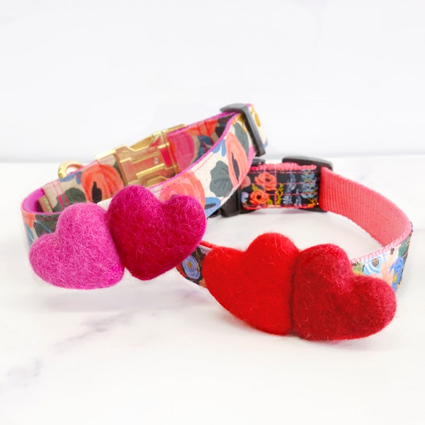 Heart Dog Collar Accessory | Valentines Day Dog Gift | Wool Felted Heart Attachment | Removable Cute Pet Collar Accessory | Two Hearts