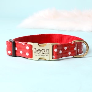 MINNIE Red Polka Dot Dog Collar | Fun Retro Laminated Cotton Print | Personalized Laser Engraved Dog Collar with Metal Buckle | Pet ID Tag