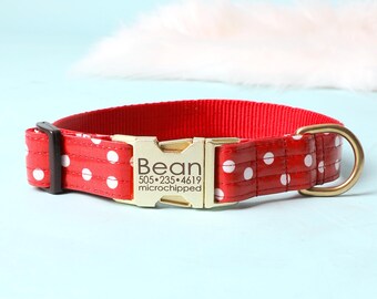 MINNIE Hundehalsband rot gepunktet | Laminierte Baumwolle, personalisierte Schnalle mit Gravur