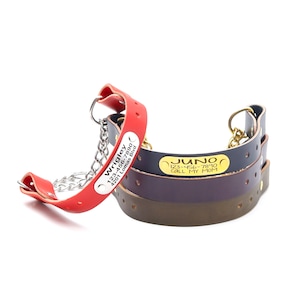 Leather Martingale Dog Collar | Engraved Martingale Collar | Leather Dog Collar - No Slip Chain Collar | Personalized Riveted Nameplate