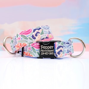 Lana Floral Canvas Wide Dog Collar | 1.5 Inch Collar | Large Breed Collar | Engraved Buckle Collar | Floral Collar | Big Dog