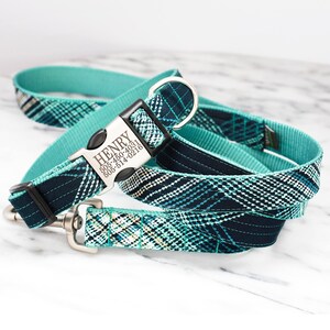 Personalized Voile Dog Collar w Laser Engraved Buckle- COLEMAN Plaid NeckTie Fabric Collar - Modern Dog Collar - Blue Dog Collar - Boy Dog