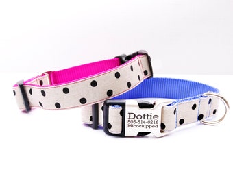 DOTTIE Polka Dot Dog Collar: Sturdy Canvas, Personalized Engraved Buckle