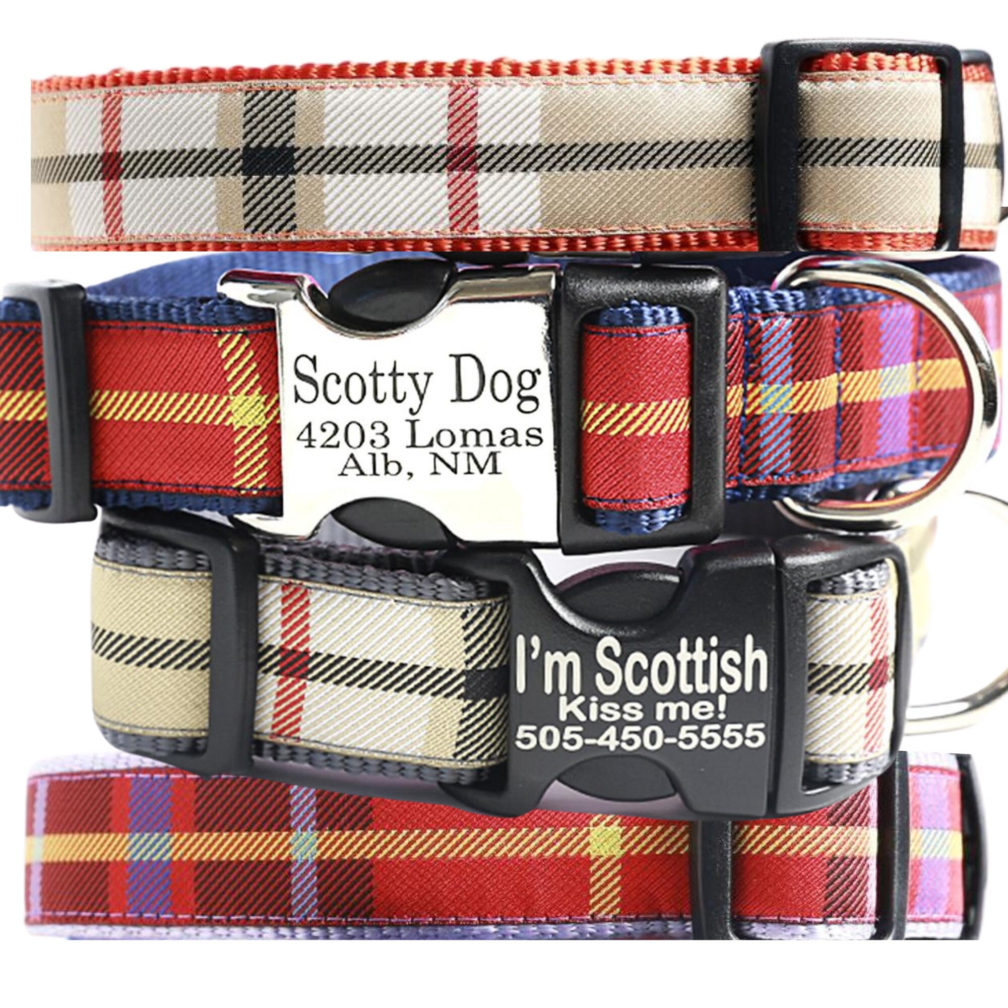 SCOTTY Plaid Tartan Dog Collar | Custom Engraved ID Tag Buckle Dog Co…
