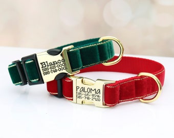 Collare per cani in velluto natalizio JUBILEE: rosso e verde, fibbia incisa, personalizzato