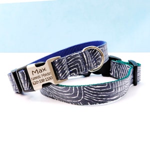 Navy & White Dog Collar: &#39;Capri&#39; Laminated Cotton, Personalized Engraved Buckle
