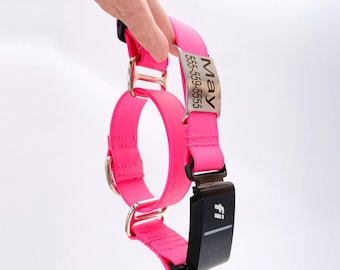 Collar Martingale para perro compatible con Fi / Biothane ligero e impermeable / Placa de identificación grabada / 11 colores / Correa de seguimiento GPS / Sin hebilla