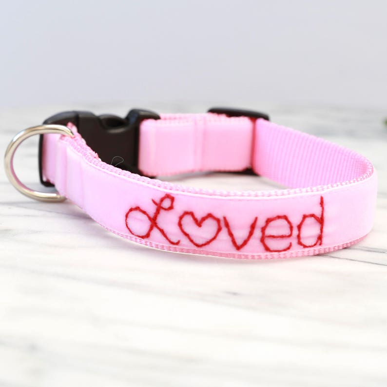 LOVED Velvet Dog Collar Valentine Dog Collar Hand Embroidered Dog Collar I Am Loved Dog collar Cute dog collar image 5