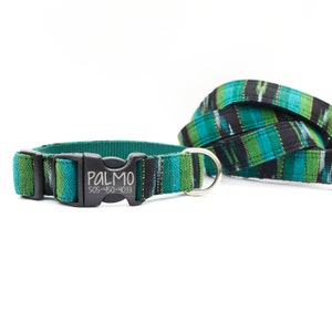 PALMO Guatemalan Woven Fabric Dog Collar - Colorful Dog Collar - Engraved Buckle ID Dog Collar - Native Boho Pattern Collar - Green & Blue