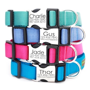 Lasergraviertes personalisiertes Hundehalsband 27 Nylon Farben Auswahlmöglichkeiten Anhänger mit Monogramm Schnalle Hundehalsband mit Namen Bild 1