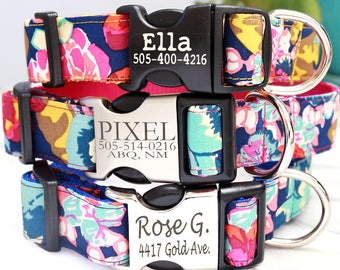 Floral Custom Dog Collar ELLA | Personalized Laser Engraved Buckle Dog Collar With Name 4 Colors | USA Handmade Flowers Girly Dog Collar