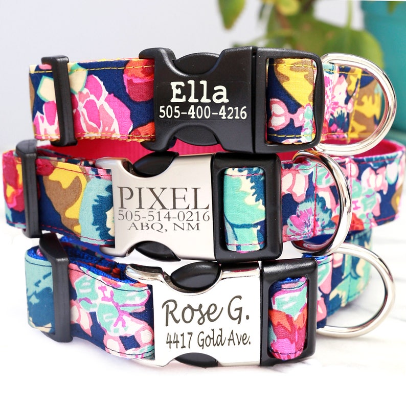 Floral Custom Dog Collar ELLA Personalized Laser Engraved Buckle Dog Collar With Name 4 Colors USA Handmade Flowers Girly Dog Collar image 1