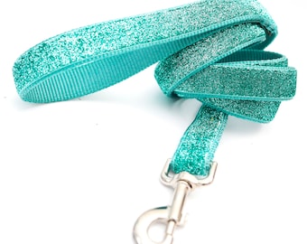 May include: A turquoise glitter dog leash with a matching handle and a silver-colored metal clasp. The leash is made of a durable material and is designed for pet owners. The glitter adds a decorative touch to the leash.