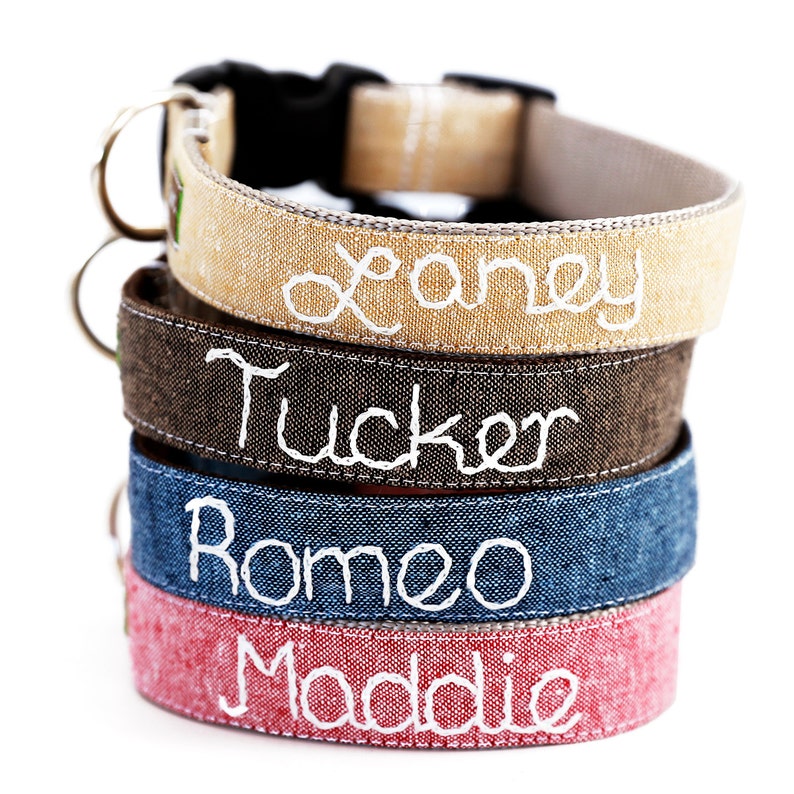 Hand Embroidered Linen Dog Collar Personalized with your dog's name (6 Colors) 