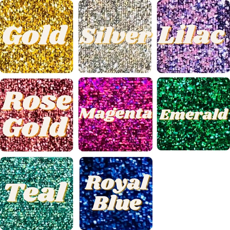 May include: A collection of nine glitter fabric swatches in various colors, including gold, silver, lilac, rose gold, magenta, emerald, teal, and royal blue.