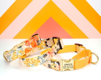 HAZEL Yellow Floral Cotton Voile MARTINGALE Dog Collar | No Slip Collar | Engraved Buckle Personalized to Your Dog | Cute ID Tag