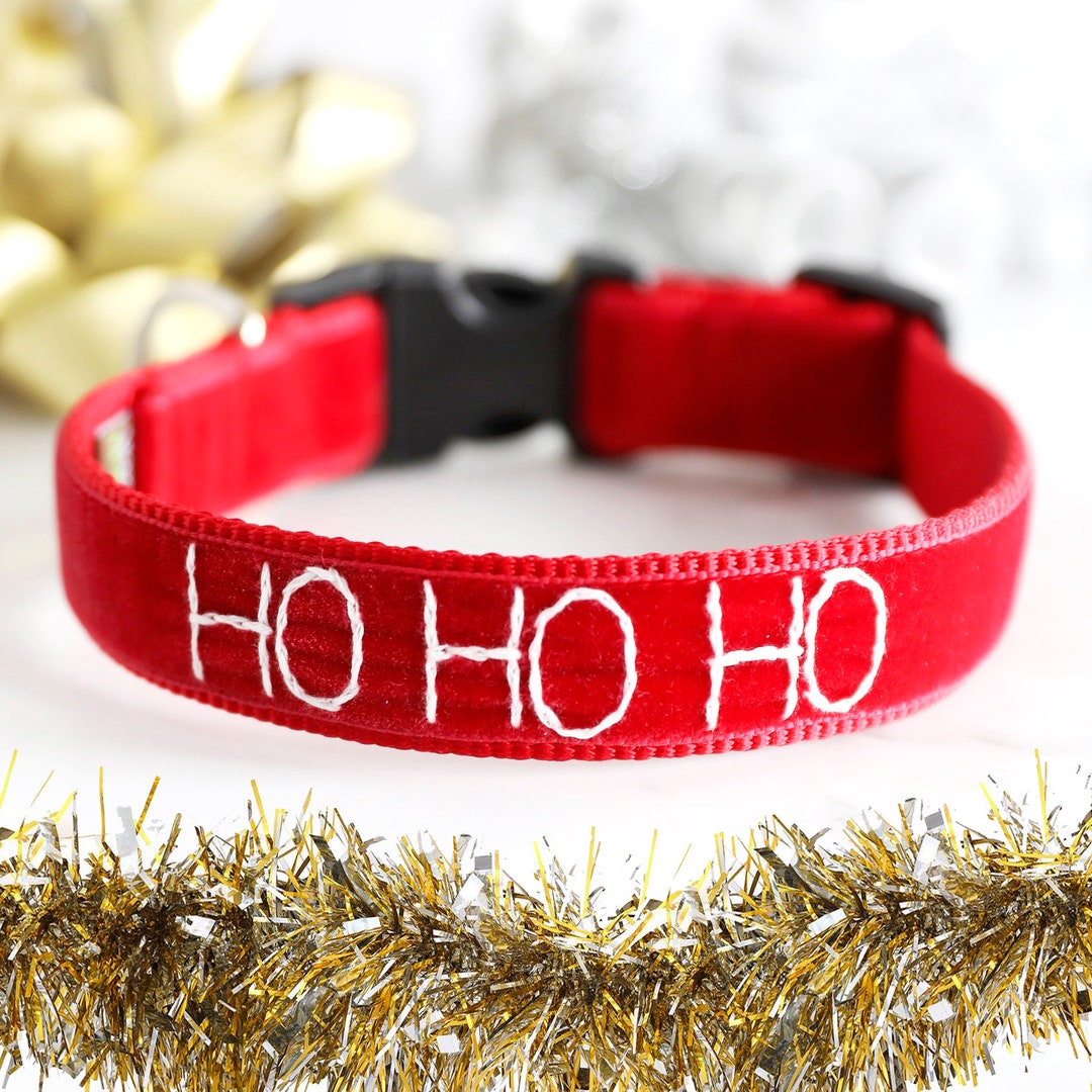 Hohoho Red Velvet Dog Collar Christmas Collar Hand Embroidered Holiday