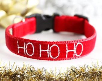 HoHoHo Rotes Samt Hundehalsband - Weihnachtshalsband - Handbestickt - Weihnachten Hundehalsband - Weihnachtshalsband