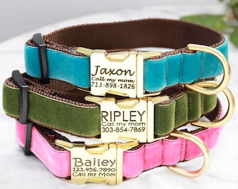 Engraved Velvet Dog Collar - GOLD Zinc Metal Buckle Collar - Personalized Dog Collar -25 Velvet Colors- Engraved Dog Collar -- ID Dog Collar