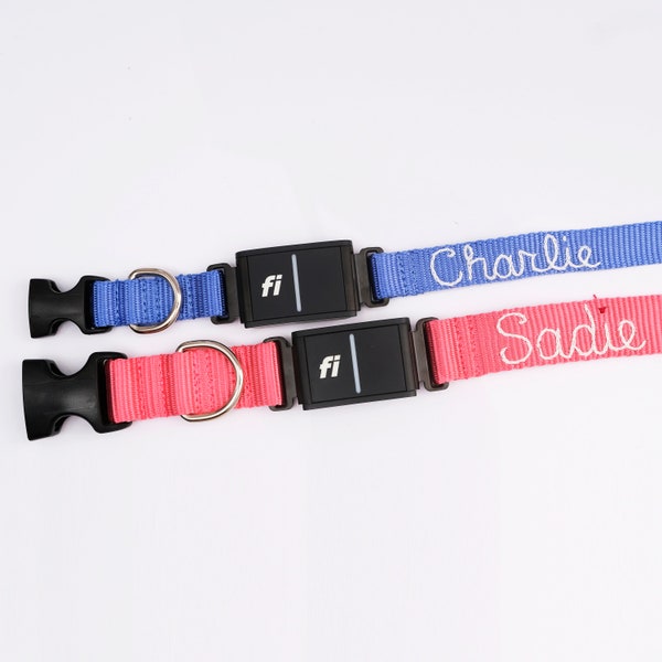 Fi Compatible Nylon Webbing Dog Collar - Hand Embroidered Name | Fi Collar with Personalized Dog Name | GPS Collar Band | Series 3