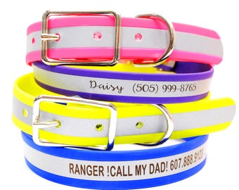 Collar reflectante personalizado para perro: Biothane impermeable, con identificación grabada.