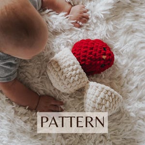 May include: A crocheted pattern for a red bird in a white egg. The pattern is called "PATTERN".