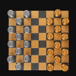 May include: A checkerboard with gold and black squares, populated with silver and gold game pieces. The silver pieces have an "E" on them, while the gold pieces have a design. The game is set against a black background.