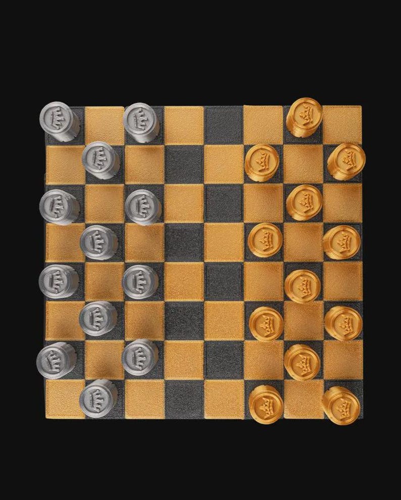 May include: A checkerboard with gold and black squares, populated with silver and gold game pieces. The silver pieces have an "E" on them, while the gold pieces have a design. The game is set against a black background.