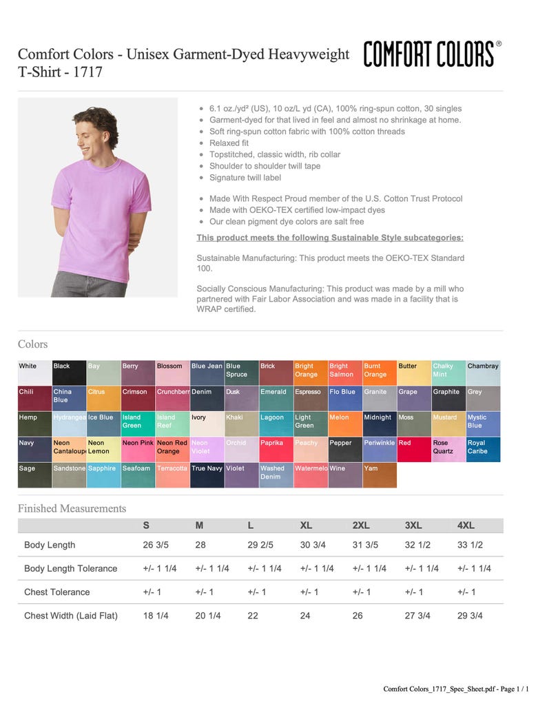 Może przedstawiać: Arkusz produktu dla koszulek unisex Comfort Colors, z modelem w r&oacute;żowym t-shircie. Arkusz zawiera szczeg&oacute;łowe informacje o kolorach, wymiarach i tkaninie, w tym bawełnie ring-spun i barwieniu odzieży.