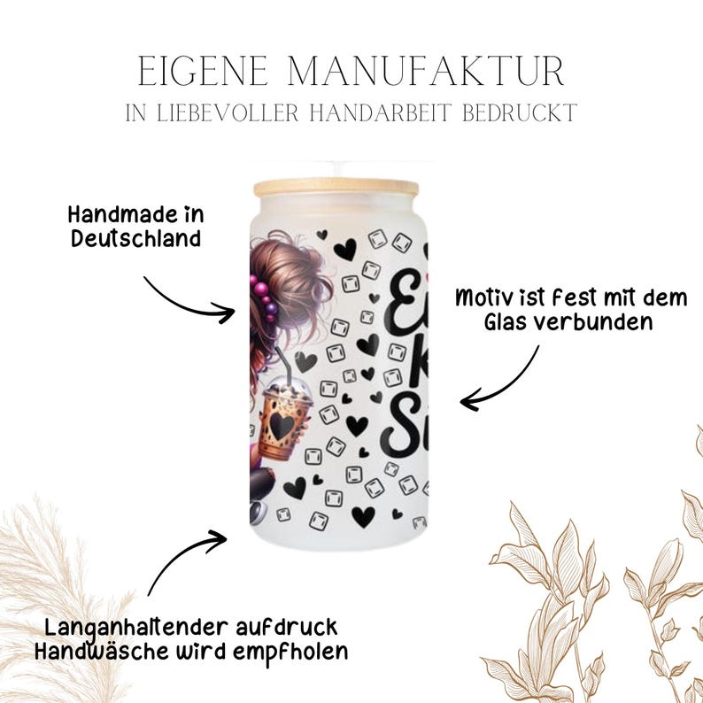 May include: A frosted glass tumbler with a bamboo lid, featuring a design of a woman holding a coffee drink. The design includes black hearts and the text "EKS". The tumbler is handmade in Germany.