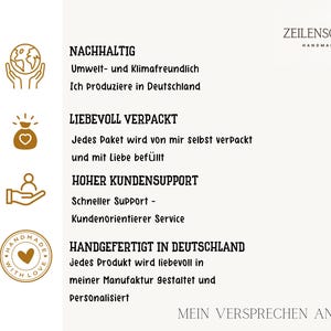 May include: A cream-colored graphic with text in German, including "ZEILENSCH&Auml;TZE HANDMADE SHOP." The text describes the shop's values: sustainable, lovingly packaged, high customer support, and handmade in Germany. Icons of a globe, heart, and hand are included.