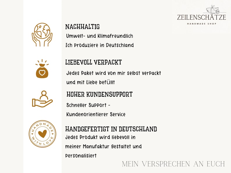 May include: A cream-colored graphic with text in German, including "ZEILENSCH&Auml;TZE HANDMADE SHOP." The text describes the shop's values: sustainable, lovingly packaged, high customer support, and handmade in Germany. Icons of a globe, heart, and hand are included.