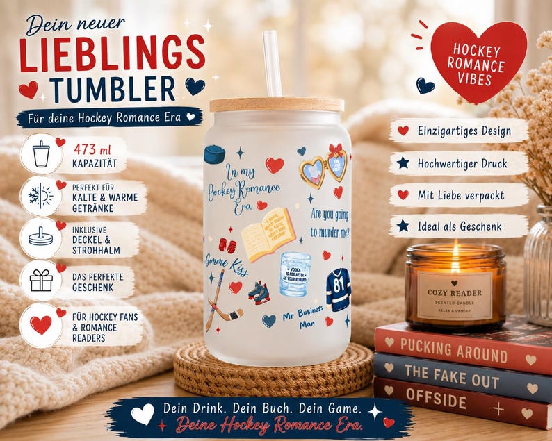 May include: A frosted glass tumbler with a wooden lid and straw, featuring hockey-themed graphics and text. The tumbler has a capacity of 473 ml and includes the text "In my Hockey Romance Era". A candle and books are in the background.