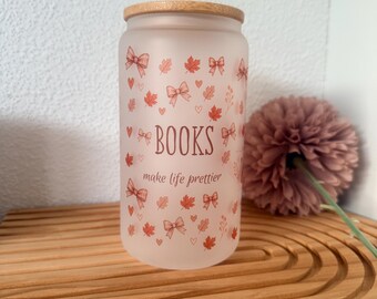 Autumn Glass 16 oz with Straw | Books & Bows Drinking Glass | Gift for Bookworms | Book Lover Gift | Cozy Fall Bookish Glass
