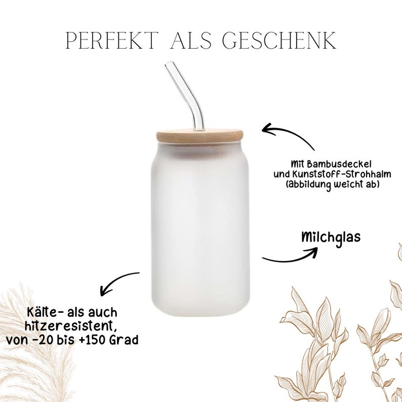 May include: A frosted glass tumbler with a bamboo lid and a clear straw. The text "PERFEKT ALS GESCHENK" is at the top. The tumbler is cold and heat resistant, from -20 to +150 degrees.