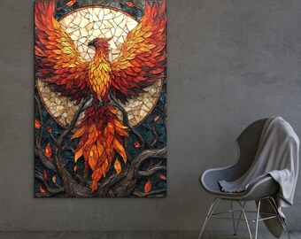 Mosaic image on wood - Stained glass phoenix