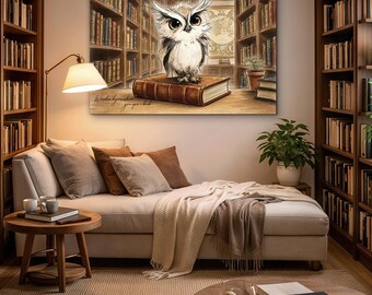 Wooden picture with an English quote - Owl in the library