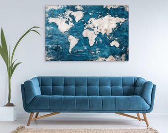 Könnte beinhalten: Ein großer, rechteckiger Kunstdruck einer Weltkarte in Blau und Weiß hängt über einem türkisfarbenen Sofa. Die Karte zeigt eine Windrose und hat einen strukturierten, künstlerischen Stil. Eine Topfpflanze und ein gewebter Teppich vervollständigen die Raumdekoration.