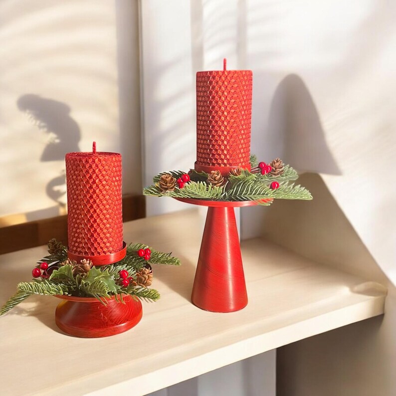 Christmas Beeswax Candle With Vintage Red Holder Ruby or Gold Holiday